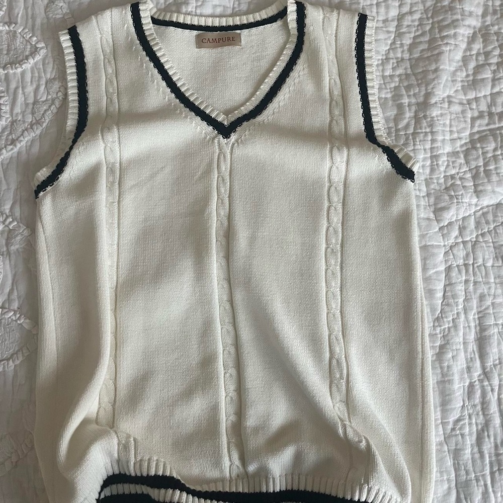 white sweater vest w black stripes, brand: campure, oversized fit for medium